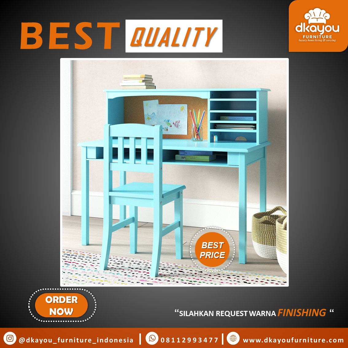 Meja Belajar Minimalis Kayu Solid Warna Tosca MB007 model meja belajar terbaru